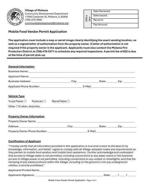 First page of the Mobile Food Vendor Permit Application
