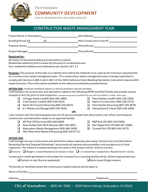 First page of the Construction Waste Management Plan