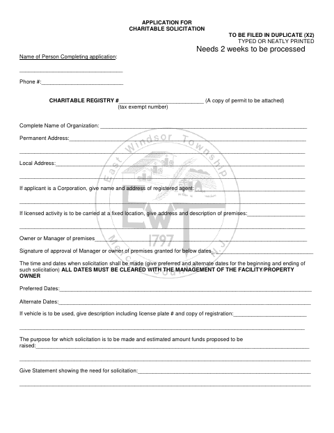 First page of the Application for Charitable Solicitation