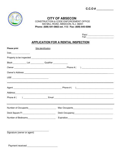 First page of the Application for a Rental Inspection