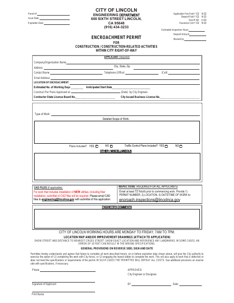 First page of the Encroachment Permit for Construction and Construction-Related Activities Within City Right-of-Way