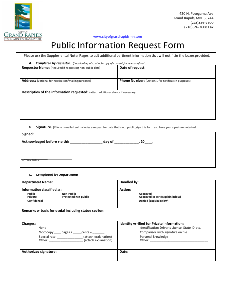 First page of the Public Information Request Form