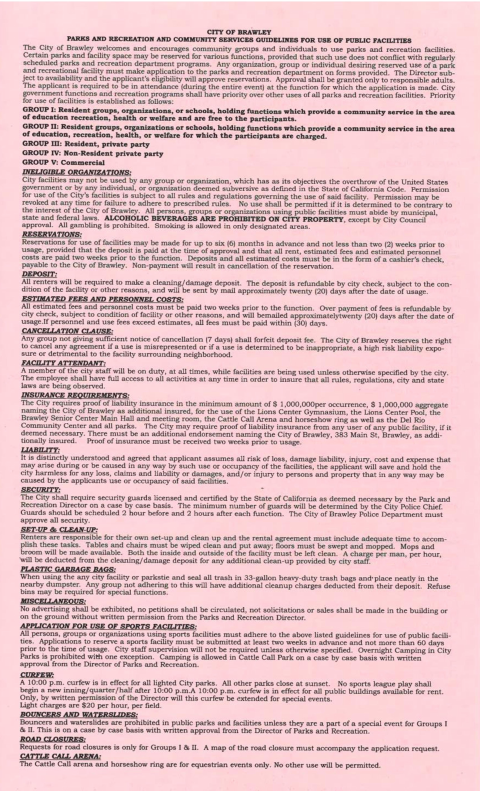 First page of the Application and Agreement for Use of City-Owned Parks and Recreational Facilities