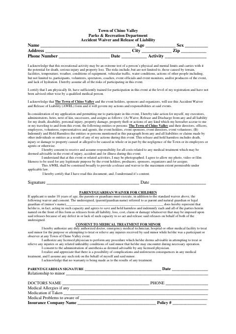 First page of the Accident Waiver and Release of Liability