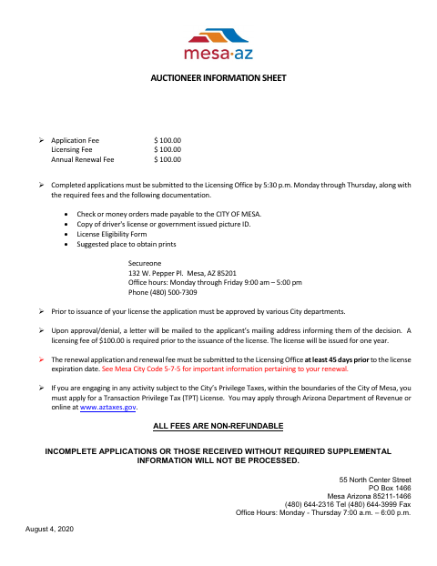 First page of the Auctioneer License Application