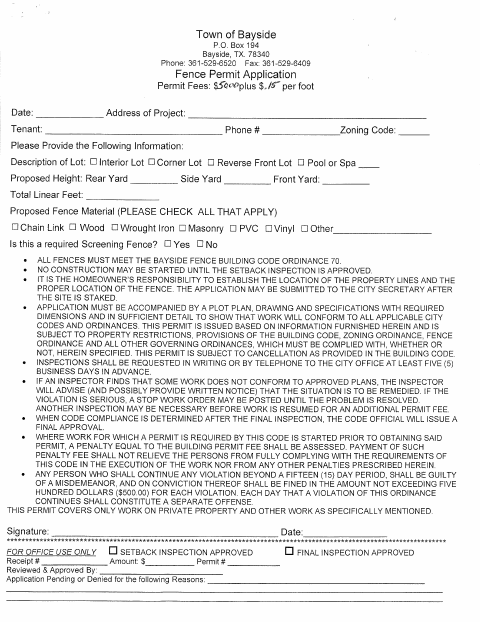 First page of the Fence Permit Application