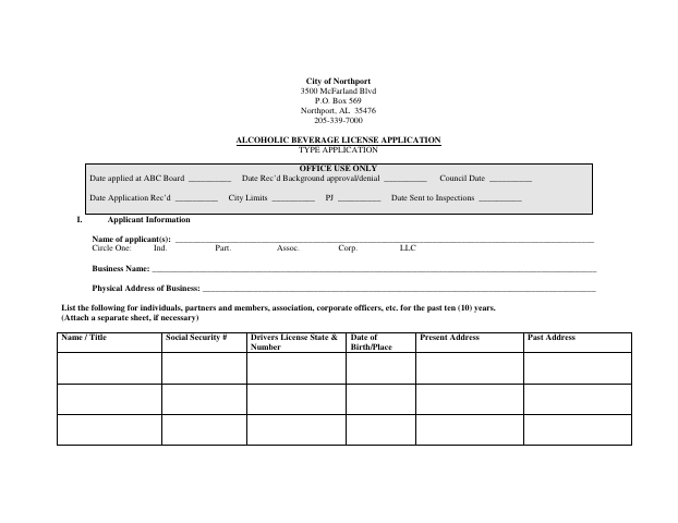 First page of the Alcoholic Beverage License Application