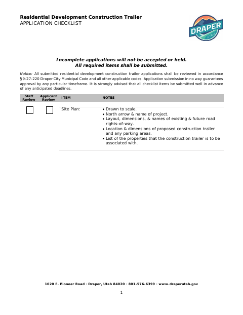 First page of the Residential Development Construction Trailer Application