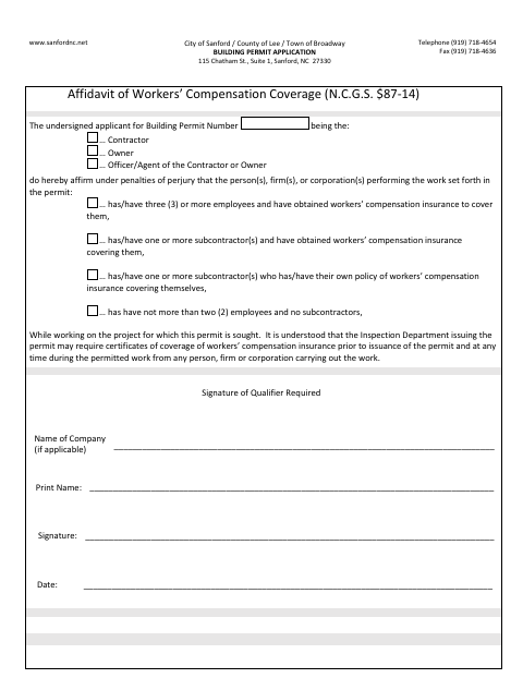 First page of the Workers’ Compensation Coverage Affidavit