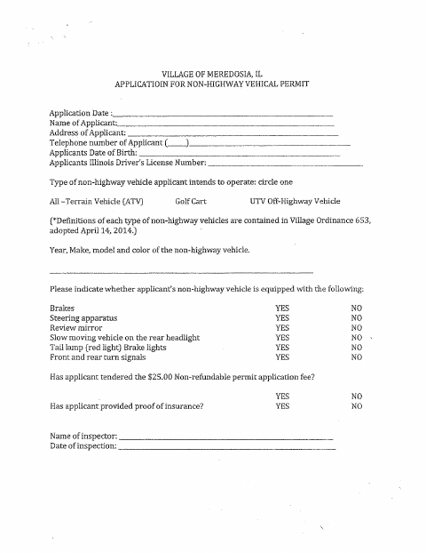 First page of the Non-Highway Vehicle Permit Application
