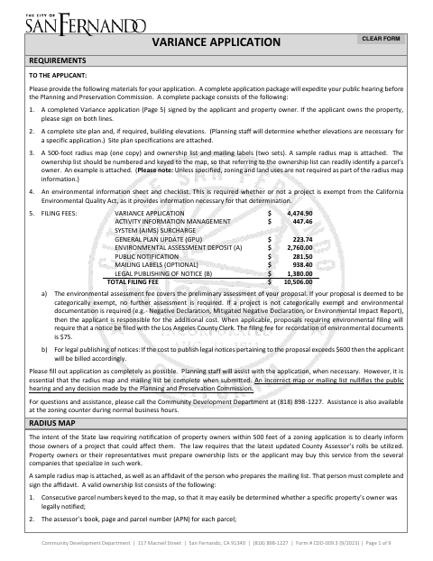 First page of the Variance Application