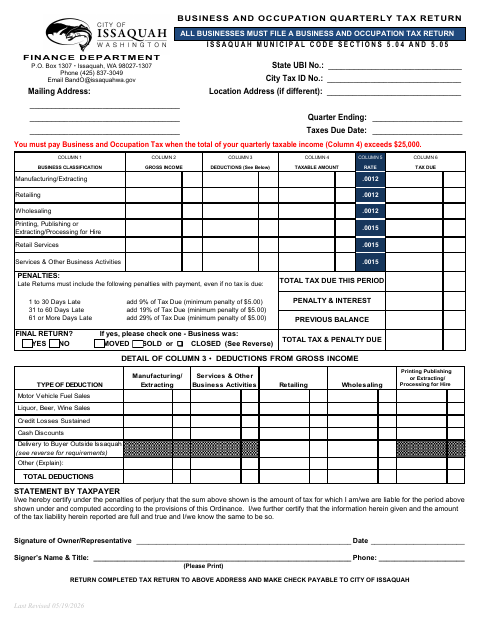 First page of the Business and Occupation Quarterly Tax Return