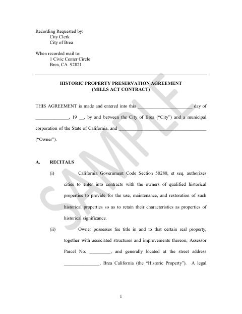 First page of the Historic Property Preservation Agreement