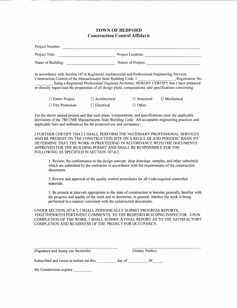 First page of the Construction Control Affidavit