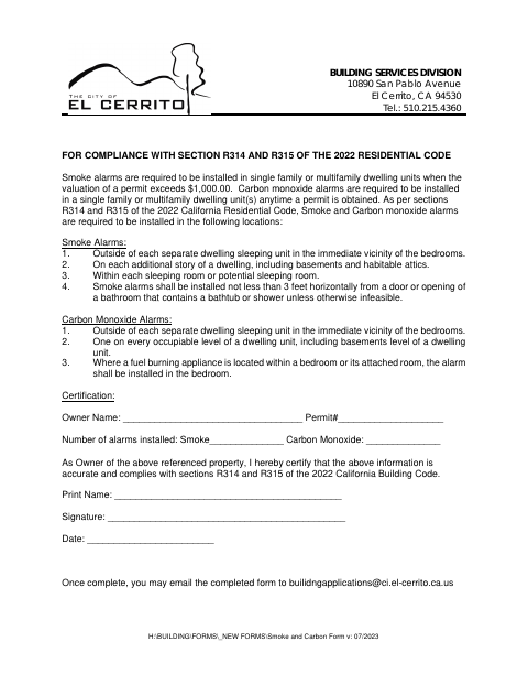 First page of the Smoke Detector and Carbon Monoxide Alarm Installation Acknowledgement