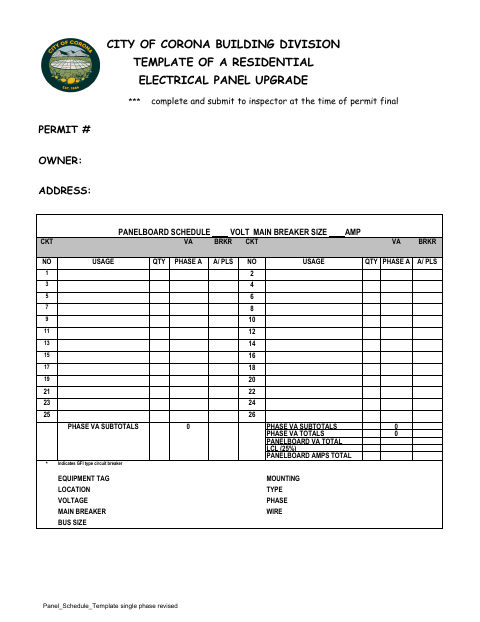 First page of the Template of a Residential Electrical Panel Upgrade
