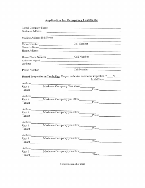 First page of the Application for Occupancy Certificate