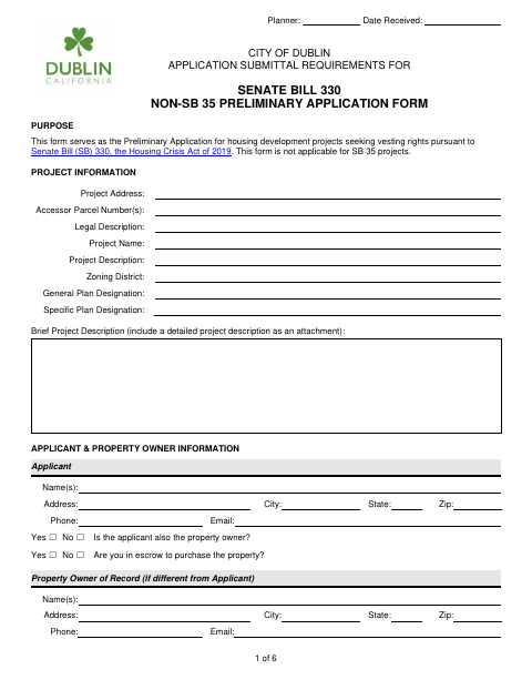 First page of the Preliminary Application for SB330