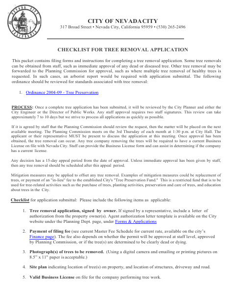 First page of the Checklist for Tree Removal Application
