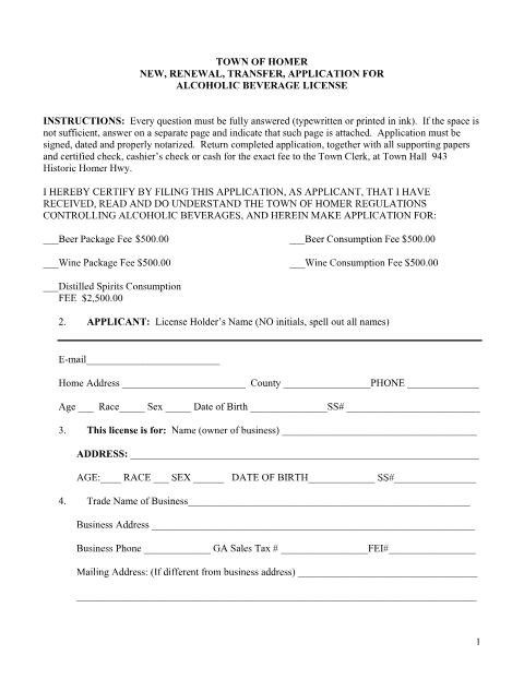First page of the Application for Alcoholic Beverage License