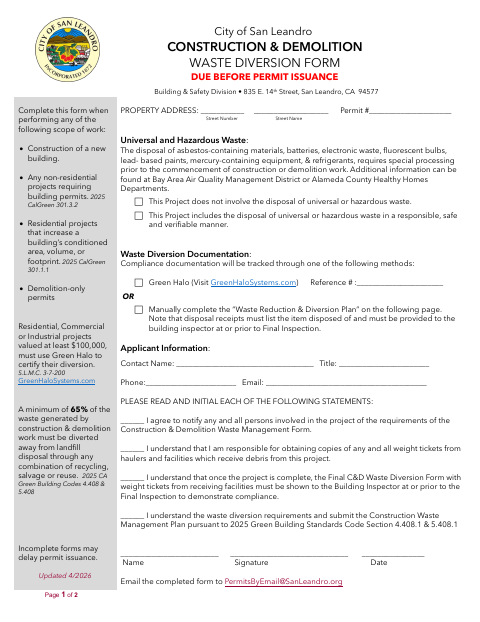 First page of the Construction & Demolition Waste Diversion Form