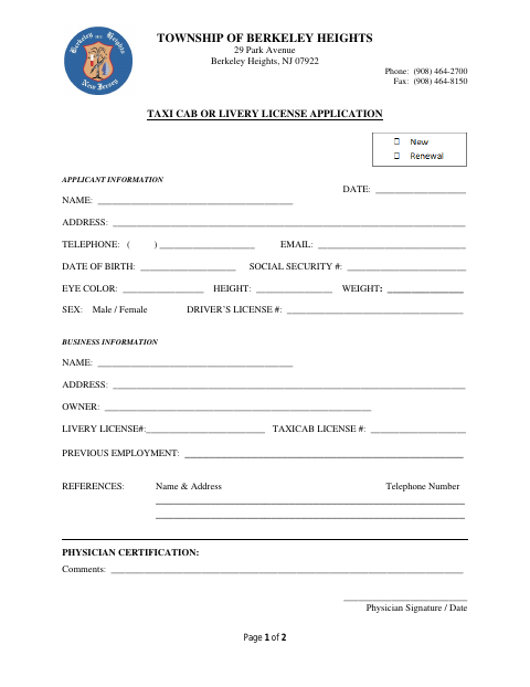 First page of the Taxi Cab or Livery License Application