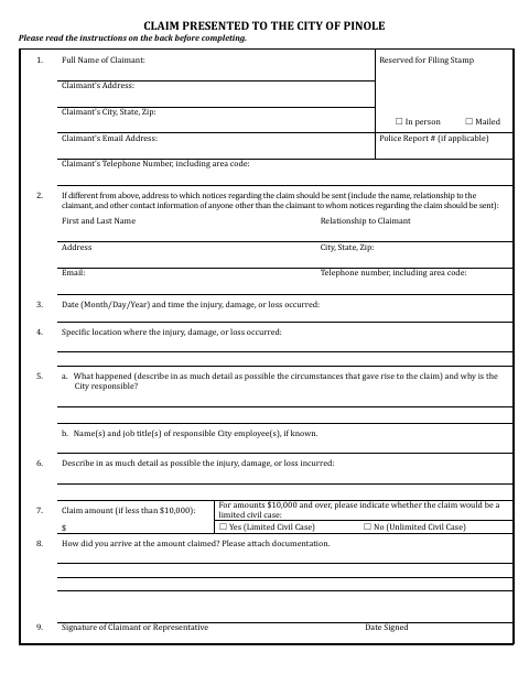 First page of the Claim Presented to the City