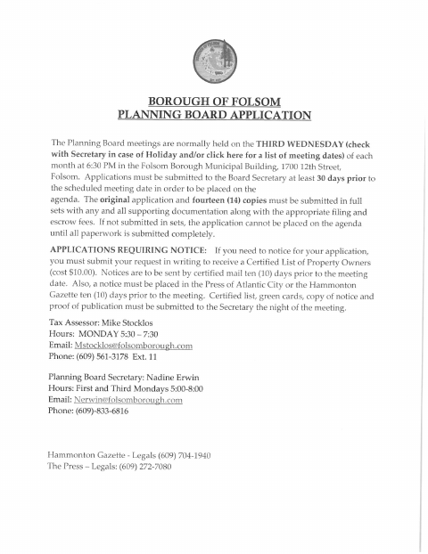 First page of the Planning Board Application