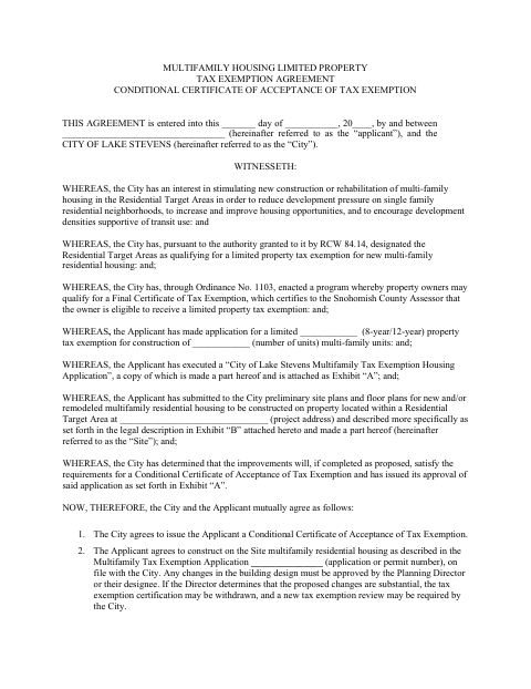 First page of the Multifamily Housing Limited Property Tax Exemption Agreement
