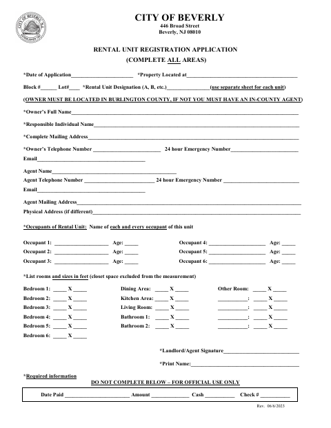 First page of the Rental Unit Registration Application