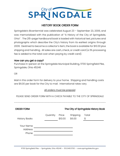First page of the History Book Order Form