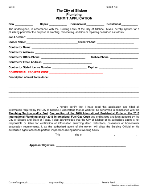 First page of the Plumbing Permit Application