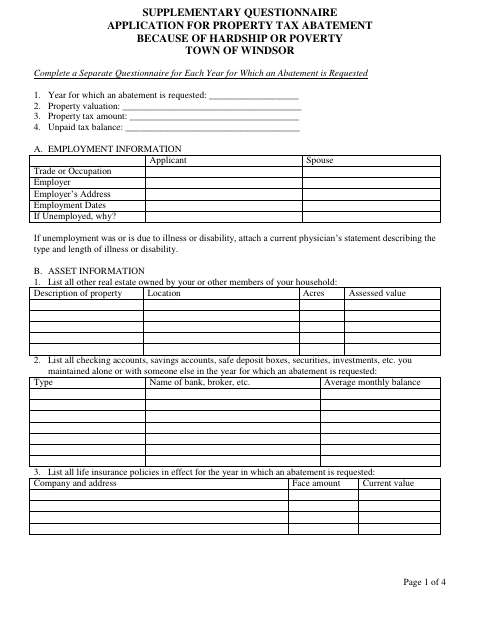 First page of the Poverty Abatement Hardship Questionnaire