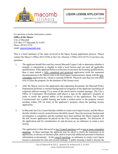 First page of the Liquor License Application
