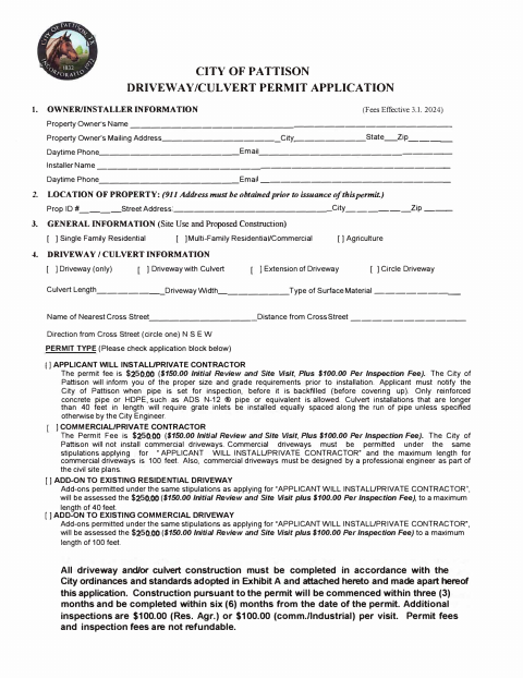 First page of the Driveway/Culvert Permit Application