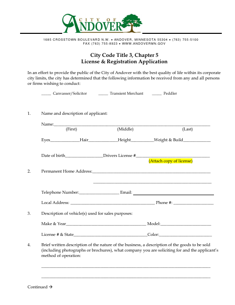 First page of the Peddler and Solicitor Application