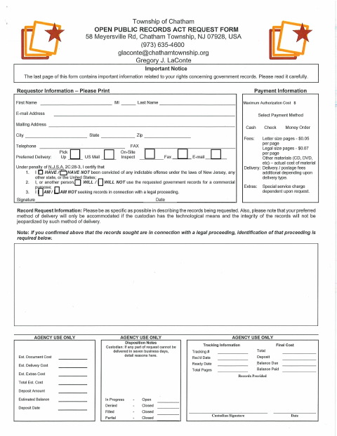 First page of the Open Public Records Act Request Form