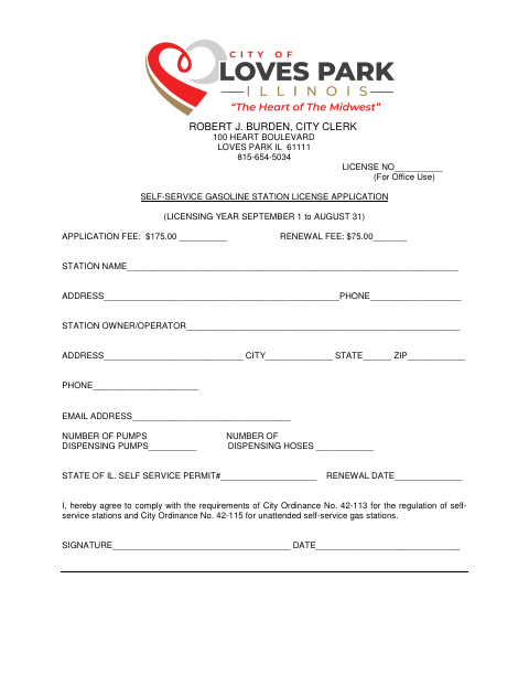 First page of the Self-Service Gasoline Station License Application
