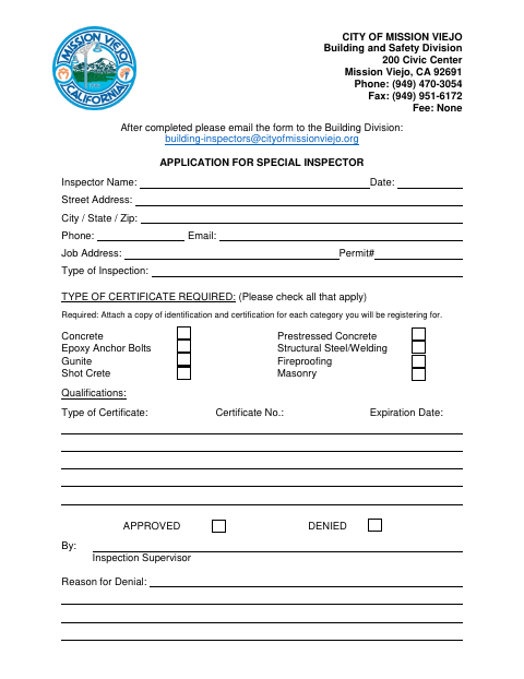 First page of the Application for Special Inspector