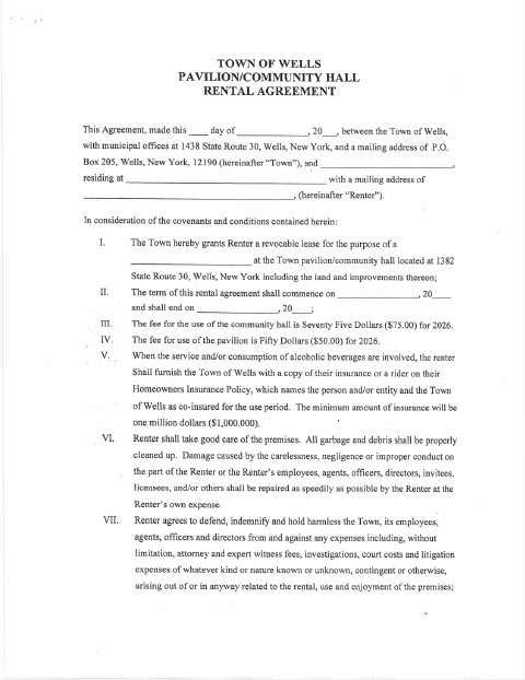 First page of the Pavilion/Community Hall Rental Agreement