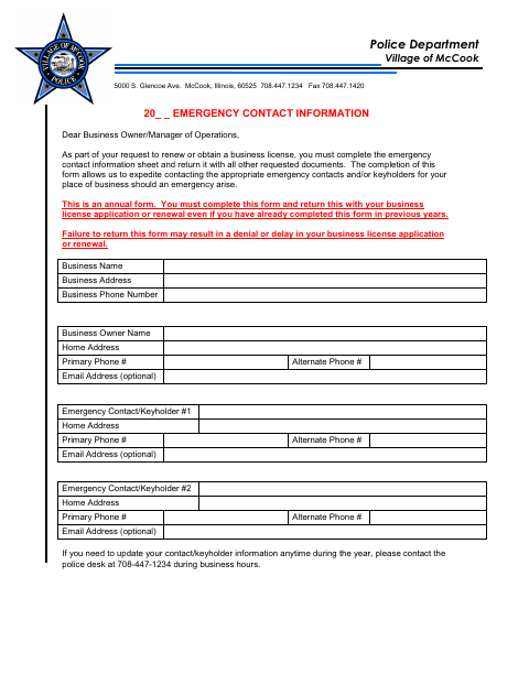 First page of the Emergency Contact Information