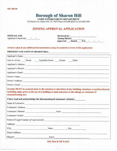 First page of the Zoning Approval Application