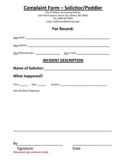 First page of the Complaint Form – Solicitor/Peddler