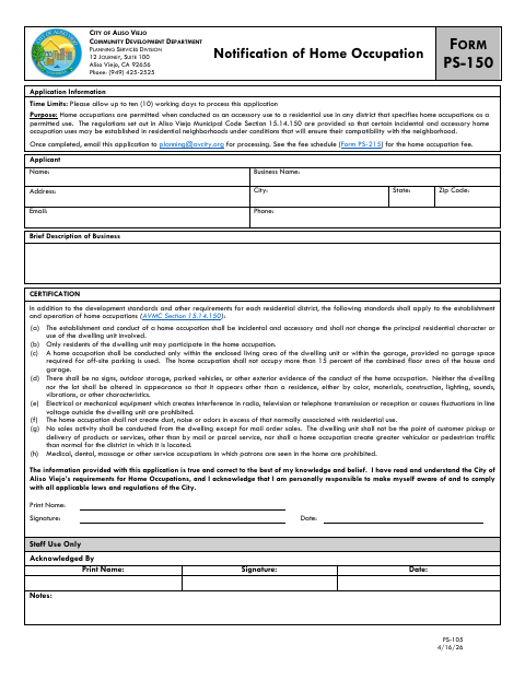 First page of the Notification of Home Occupation
