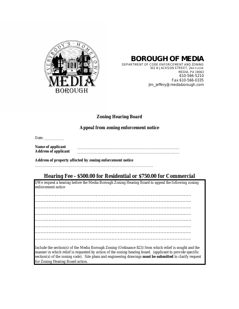 First page of the Zoning Hearing Board Appeal From Zoning Enforcement Notice