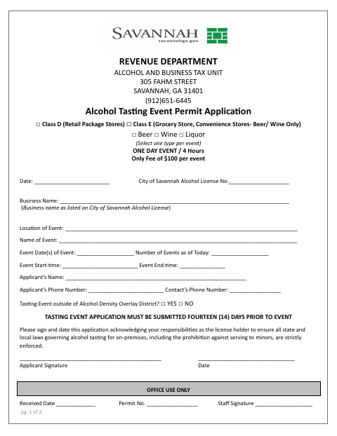 First page of the Alcohol Tasting Event Permit Application