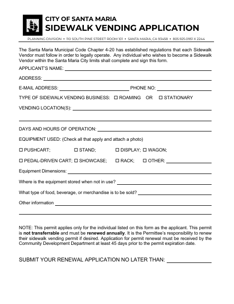 First page of the Sidewalk Vending Application