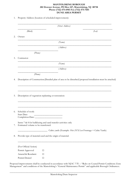 First page of the Dune Area Permit