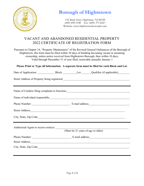 First page of the Vacant And Abandoned Residential Property Certificate Of Registration