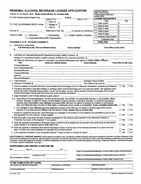 First page of the Renewal Alcohol Beverage License Application